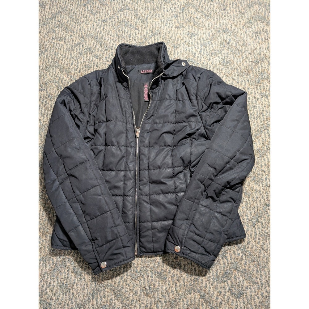 Lauren Ralph Lauren Black Quilted Puffer Jacket Full Zip Mock Neck Womens Large